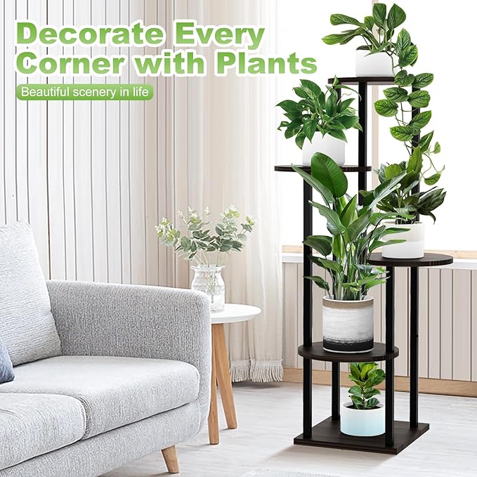 YOCOMEY 5 Tier Wood Tall Plant Stand Metal Rack Indoor, Multiple Flower Pot Holder Shelves Corner Rack, Round Planter Shelf Display Rack Storage Organizer for Patio Living Room Balcony(Black Oak)