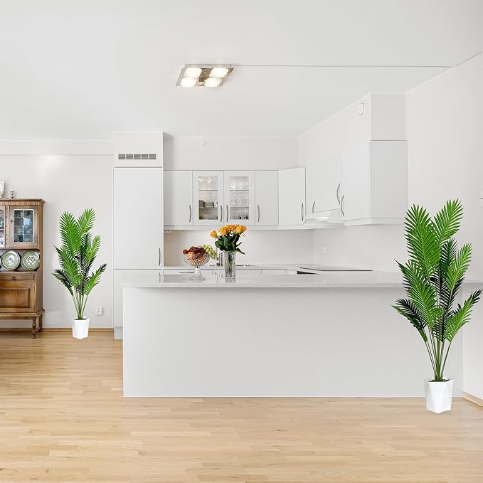 SAJANDAS Set of 2 Artificial Areca Palm Plants in Pots, 51 Inch Fake Tropical Palm Trees with Greenery Leaves and Stems, Faux Dypsis Lutescens Floor Plants for Office, Store, Garden, Home Decoration