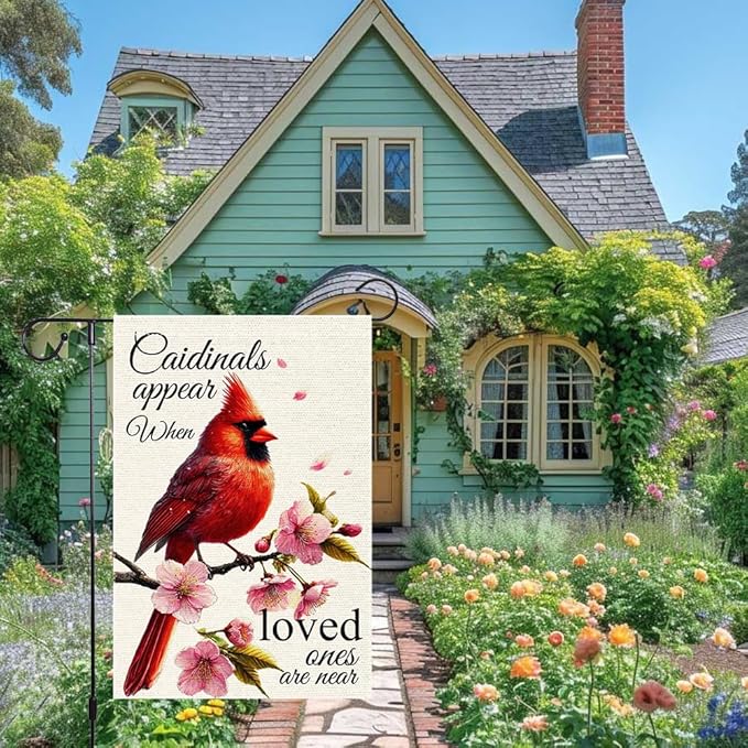 Spring Cardinal Garden Flag 12x18 Inch Double Sided Small Burlap Outdoor Yard Lawn Peach blossom Rustic Farmhouse Seasonal Wildflowers Anniversary Flags Decorations