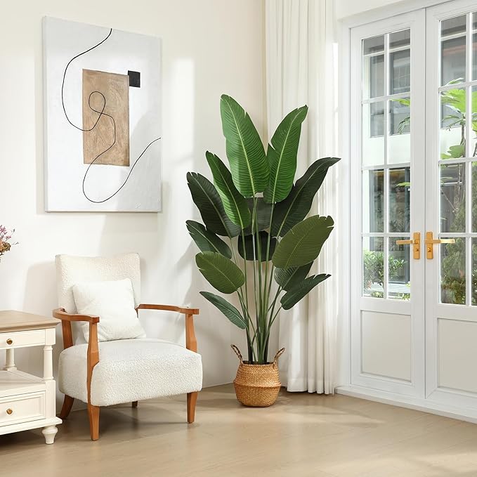 Artificial Bird of Paradise Plants 6 Ft Fake Tropical Tree with Woven Basket, Faux Banana Leaf Plant for Home Indoor Outdoor Office Modern Decor Green 2 Set