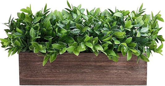 Winlyn 14" Artificial Boxwood Plants in Rectangular Wood Planter Farmhouse Greenery Arrangement Centerpiece Faux Potted Herb Plant for Wedding Dining Room Table Kitchen Windowsill Mantel Shelf Décor