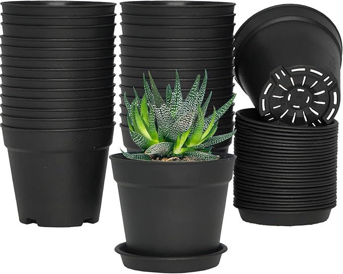SwinDuck 4 inch Small Plant Pots, 28 Pack Plastic Planters with Drainage Holes and Saucers for Flowers Plants, Succulents, Seed Starting Pots, Black