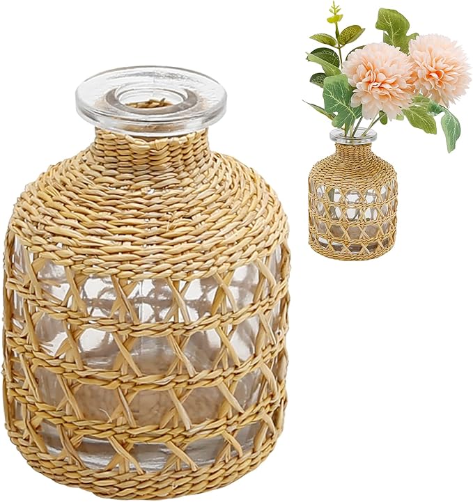 Flower Vases with Rattan Cover Straw Woven Glass Vase Boho Glass Flower Vase for Arrangement Table Decoration, 4.44''X1.77''X3.14'', B Style
