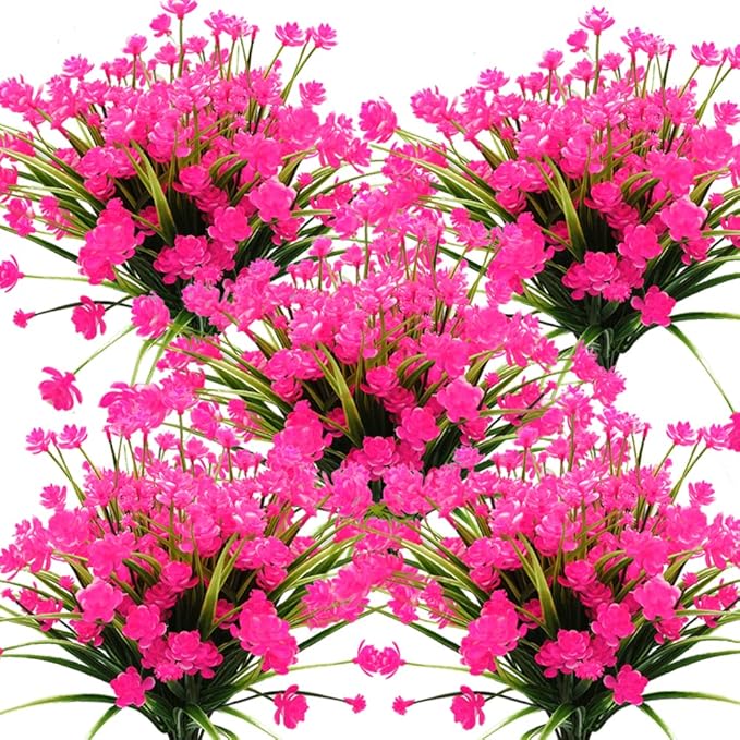 Grunyia Artificial Flowers Outdoor UV Resistant Fake Plants Indoor Outside Hanging Planter Home Garden Decor, 10 Bundles (Pink)