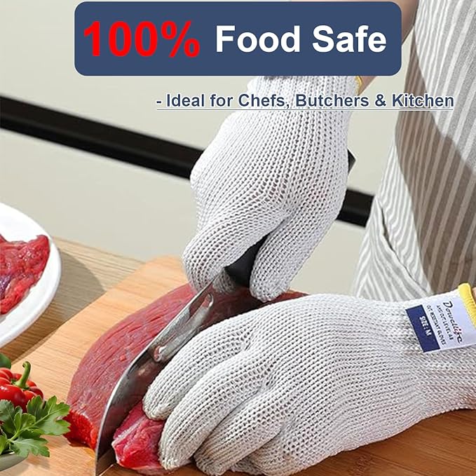 Dowellife Level 8 Reinforced Cut Resistant Gloves, Food Grade, Knife Safety Gloves for Meat Cutting, Oyster Shucking, Fish Fillet, Kitchen Slicing Carving(Pack of 2, Medium)