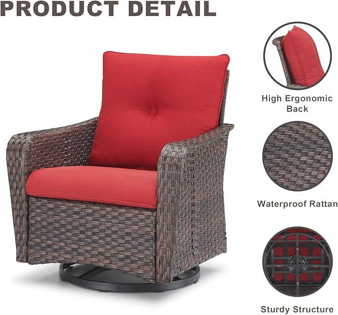 Rilyson Outdoor Patio Swivel Rocker Chairs - 6 PC Wicker Patio Bistro Sets with High Back,Comfy Cushions,Deep Seating and Side Table for Porch Deck Backyard Garden(Brown/Red)