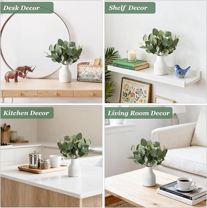 Dahey Artificial Eucalyptus Stems in Small Ceramic Vase Centerpiece Table Decorations Modern Farmhouse Decor Fake Eucalyptus Plants with Vase for Bathroom Kitchen Shelf Living Room Home Decor, White