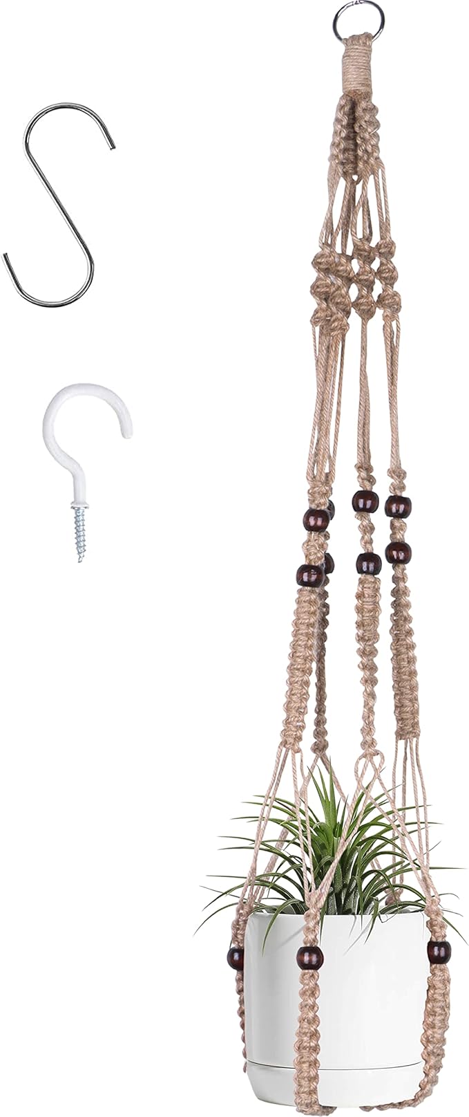BlueMake Macrame Plant Hanger Indoor Hanging with Wood Beads Macrame Planters No Tassel for Indoor Outdoor Boho Home Decor 35 Inch (Brown, 1pc)