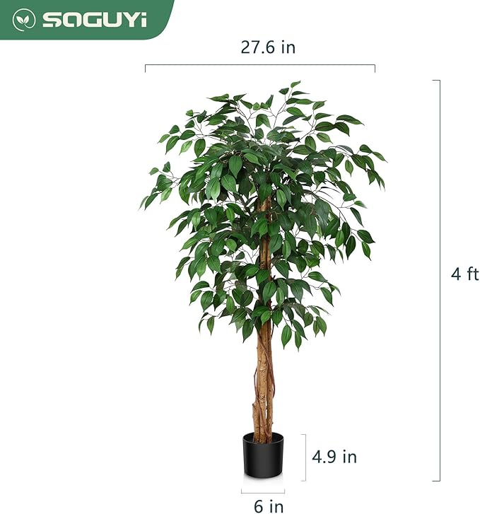 4ft Ficus Artificial Trees with Realistic Leaves and Trunk, Silk Fake Ficus Tree with Plastic Nursery Pot, Faux Ficus Tree for Office Home Farmhouse for Indoor Outdoor Decor(Set of 1)