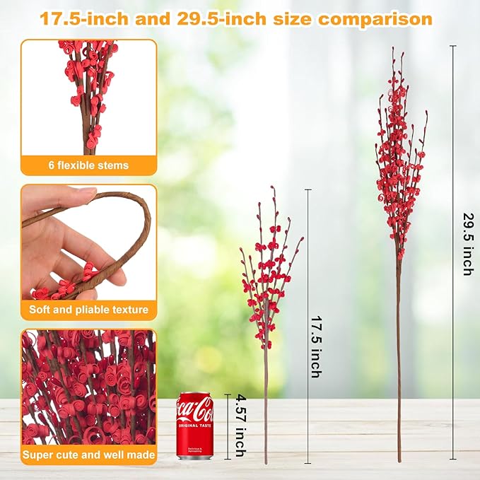 10Pcs 17.5'' Red Flowers Artificial Jasmine Flowers Faux Patriotic DIY Floral Art Red Berries Stem for Valentine's Day Table Centerpieces Vases Home Wedding Bouquets Party Decorations