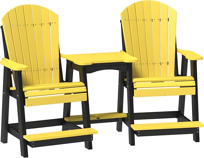 LuxCraft Poly Tete-a-Tete Patio Table and Counter Height Balcony Chairs with Umbrella Hole, Weatherproof Outdoor Patio Furniture Set for Outside - Amish Made in USA (Yellow & Black)