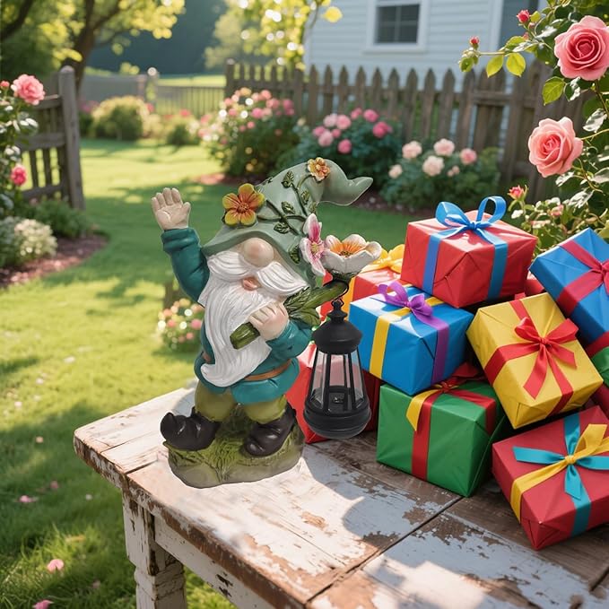 Solar Garden Gnomes Statue - Funny Dwarf Statue Carrying a Solar Lantern on its Shoulder, Outdoor Garden Decor for Yard, Lawn, Patio - Gnomes Figurine Ideal for Holiday Giving