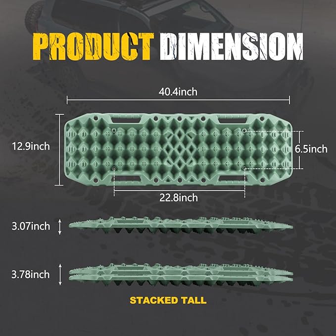 BUNKER INDUST Off-Road Traction Boards with Jack Base,Pair Recovery Track 4X4 Jeep Truck Emergency Tire Traction Mat with Bag -Sand, Mud, Snow Tracks Green Traction Pad (Gen 7th)