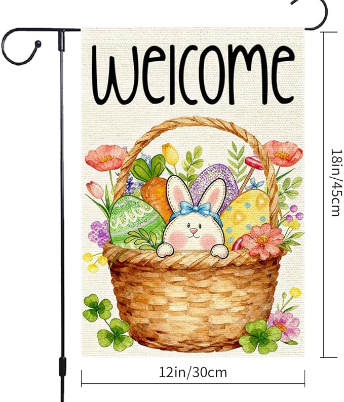 Welcome Spring Garden Flag Easter Bunny with Eggs Garden Flags 12x18 Inch Double Sided Burlap and Flowers Outdoor Decoration