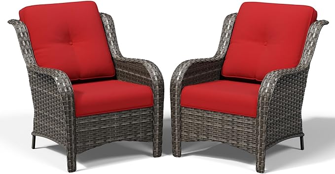Joyside Patio Chairs Set of 2, Wicker Patio Furniture with High Back, Deep Seating, Wide Armrest, Thickened Cushions, Outdoor Rattan Furniture for Deck, Porch Use