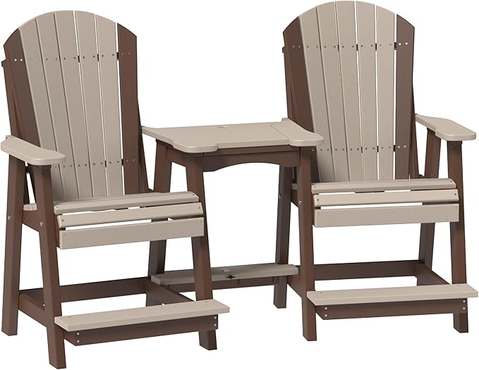 LuxCraft Poly Tete-a-Tete Patio Table and Counter Height Balcony Chairs with Umbrella Hole, Weatherproof Outdoor Patio Furniture Set for Outside - Amish Made in USA (Weatherwood & Chestnut Brown)