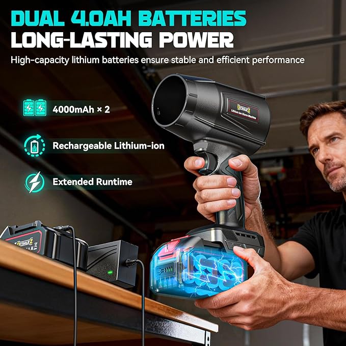 800,000 RPM Cordless Leaf Blower with 2x4.0Ah Batteries, Brushless Motor, Adjustable Speed, Lightweight Portable Electric Blower for Car, Patio, Garden & Indoor Cleaning, 3 Nozzles Included