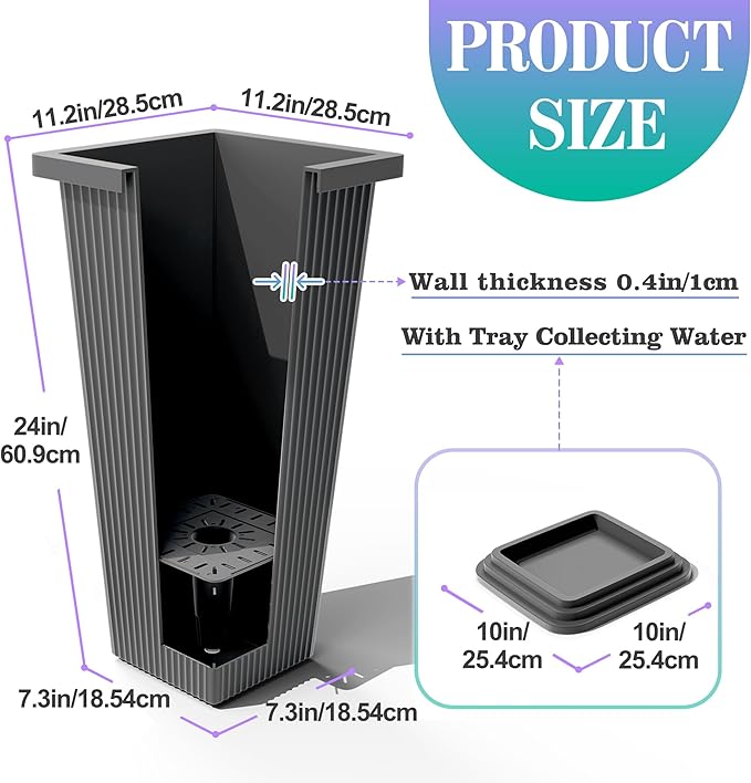 TUYOHW 24 Inch Tall Tapered Square Planters (Set of 2) - Indoor Outdoor Large Flower Pots with Built-in Drainage & Matching Water Tray for Patio, Garden, Home - Gray