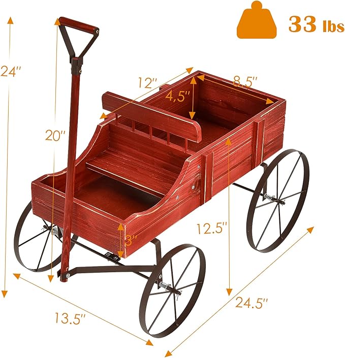 Goplus Wagon Planter, Decorative Wooden Garden Planter with Wheels, 2 Planting Sections and Adjustable Handle, Indoor Outdoor Backyard Balcony Decor (Red)