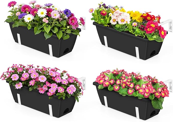 OYEAL 4 Pack Railing Planter Box Outdoor, 17 Inch Plastic Flower Pots with Adjustable Brackets, Hanging Window Boxes Planter Flower Herb Plant Pot for Garden Fence Patio, Balcony Decor, Black & White