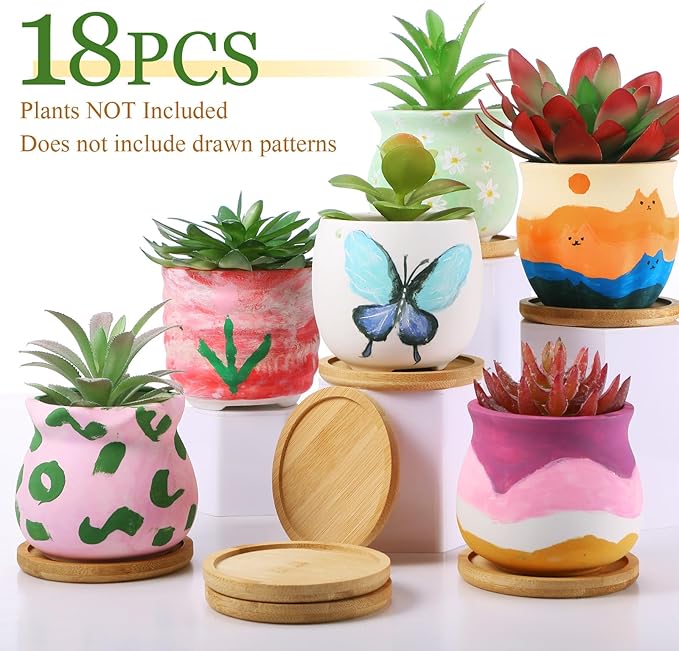 Remerry 12 Pcs 3.5 Inch DIY Ceramic Succulent Pots for Painting Figurines Paint Craft Kit Unpainted Ceramic Bisque Paintable Flowerpots with Drainage Hole Ready to Paint