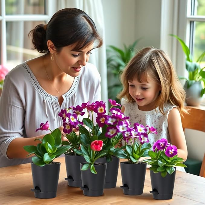 zople 12 Pack 4 Inch Self Watering Plant Pots with Drainage and Saucers，Plastic Flower Pots for Indoor and Outdoor Plants, Nursery Planters for Houseplants and Herbs Black, 4 inch 12pcs