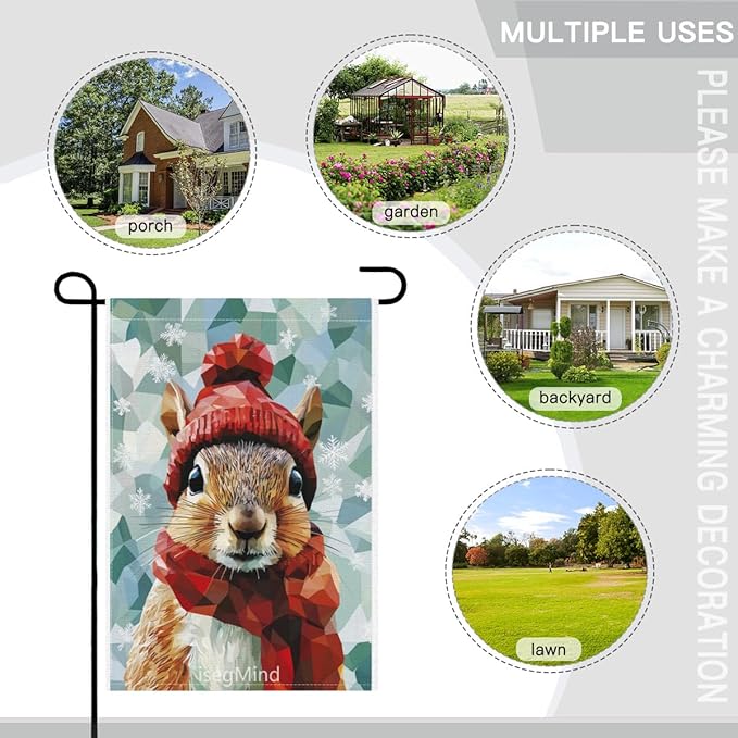 Squirrel with Red Scarf and Hat Snowflake Christmas Garden Flag, 28x40 Inch Double Sided Linen Holiday Red Winter Farmhouse Yard Outdoor Decoration (4320)