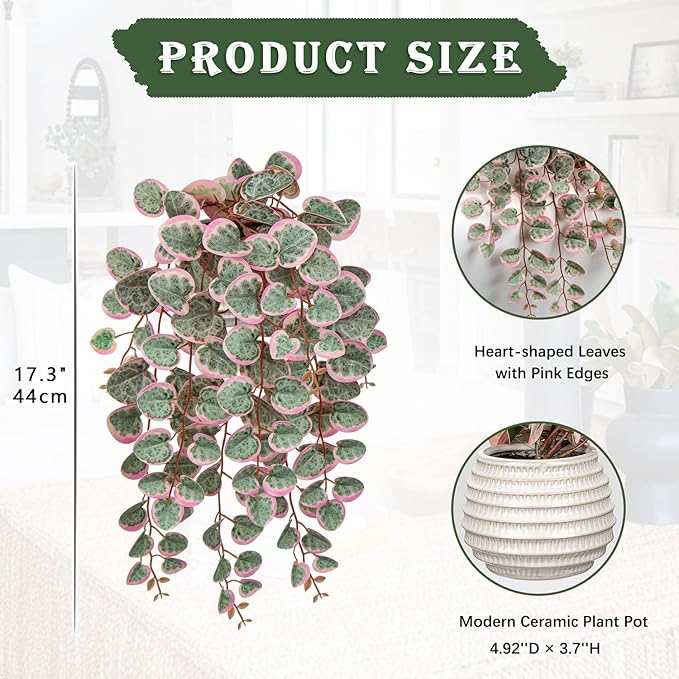 Briful Artificial Plants Indoor 17.7'' Faux String of Hearts Plants with Ceramic Pot Small Fake Pink Plants for Home Office Hotel Bathroom Table Shelf Decor
