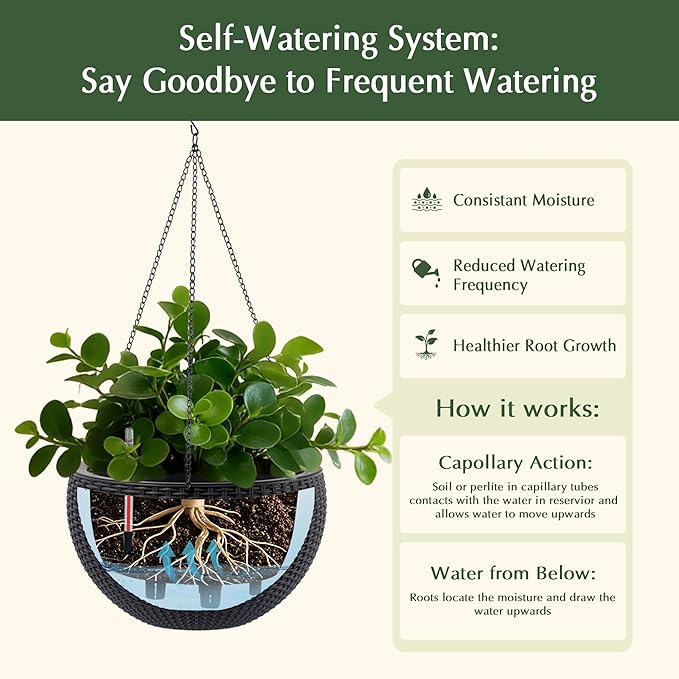 Vigo huseeo 13.5 inch 2Pack Large Hanging Planters for Outdoor/Indoor Plants, Self Watering Hanging Pot with Water Level Indicato, Drainage Holes and Chain for Garden Porch, Black