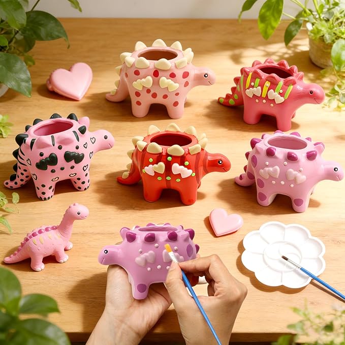Pasimy 6 Set Ceramics to Paint DIY Ceramic Succulent Planter Pots Paint Your Own Flower Pots Craft Kit Unpainted Bisque Flowerpot with Brush Palette for Family Activity Holiday Gifts(Dinosaur)