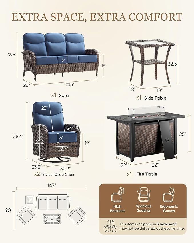Belord Upgraded 6“ Cushion Luxury 5 Piece Patio Furniture Set with Fire Pit Table - Outdoor Furniture Set with High Back Swivel Rocker Patio Chairs, Conversation Set for Deck Porch Yard - Brown/Blue