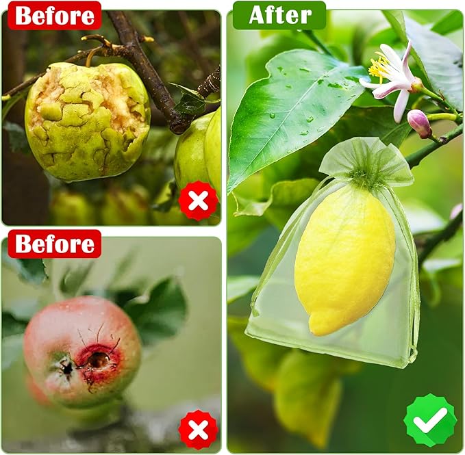50 PCS 4X6 inches Fruit Protection Bags, Fruit Bags for Fruit Trees, Green Netting Fruit Cover Bags Drawstring Mesh Fruit Protectors Pest Barrier for Fruit Trees Veggies Garden