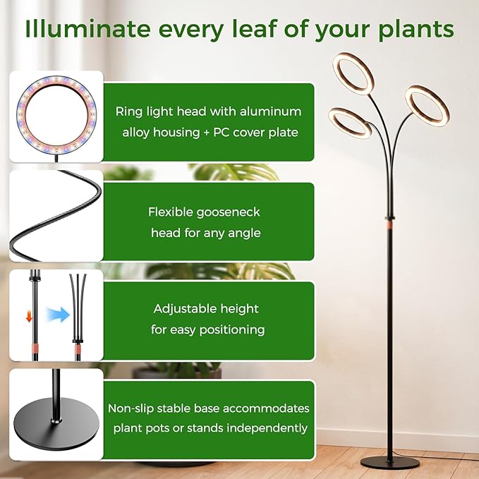 boostool Grow Lights for Indoor Plants, Three Heads 48W 216 Led Full Spectrum Plant Light, 5.5FT Adjustable Height Standing Grow Light 3/9/12H Timer, 10 Dimmable Levels & 3 Lighting Modes