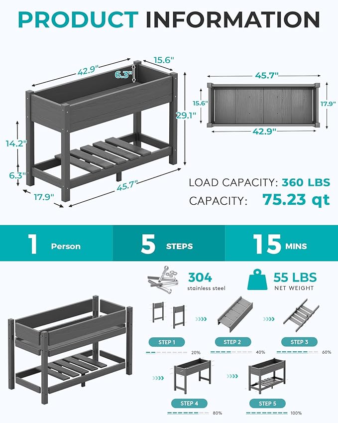 SERWALL Raised Garden Bed with Legs Set of 2, 43"×17"×30" Large HDPE Elevated Planter Box for Vegetables Flower Herb Patio, All Weather Use- Gray