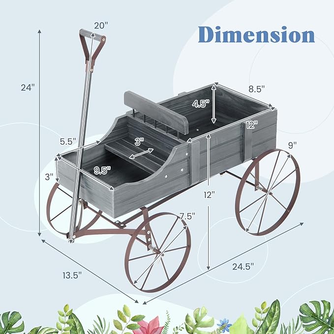 Giantex Decorative Garden Planter, Small Wagon Cart with Metal Wheels, Wood Raised Beds Plant Pot Stand for Backyard Garden Patio 24.5”Lx13.5”Wx24”H (Gray)
