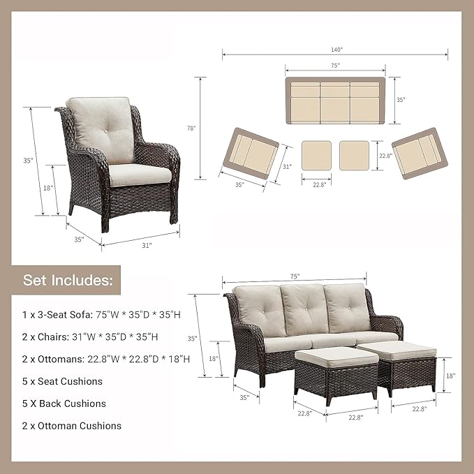 HUMMUH 6 Pieces Patio Furniture Set with Fire Pit Table High Back Outdoor Conversation Set Wicker Patio Couch Outdoor Chairs Ottomans for Balcony Garden,Lawn,Deck