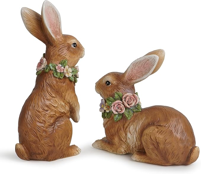 Hodao Spring Garden Patio Bunny Figurine Set (2pcs) The Perfect Accent for a Wonderful Garden-Easter Bunny Figurine Decor Indoor Home Decorations (Brown)