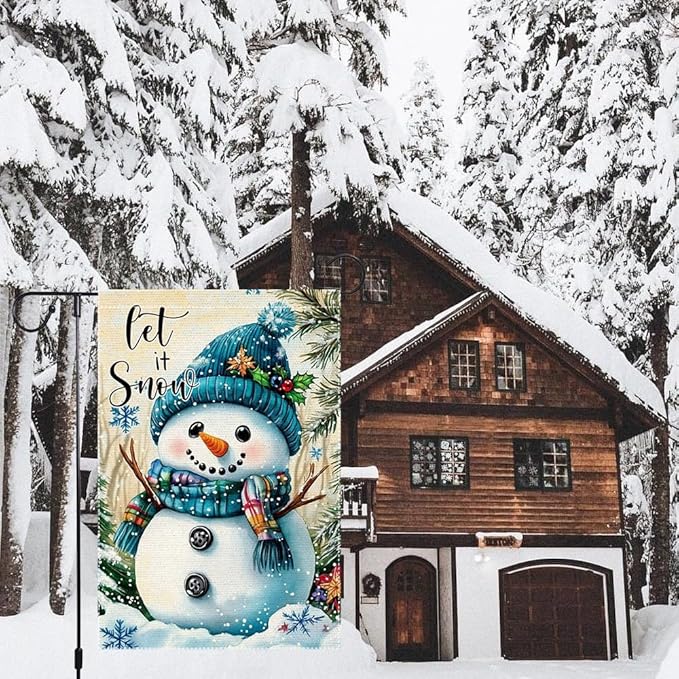 Snowman Garden Flag 12x18 Inch Double Sided Burlap Winter Let It Snow Outdoor Yard Flag Holiday Christmas Seasonal Welcome Banner for House Lawn Porch Small Decorations