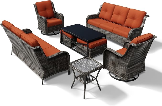 Joyside 8 Piece Wicker Patio Furniture Set, Outdoor Swivel Rocker Patio Chairs with High Back, Deep Seating, Wide Armrest, Thickened Cushions, Outdoor Furniture for Deck, Porch Use