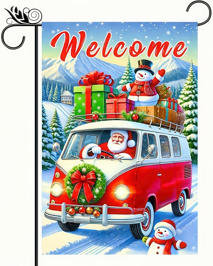 Christmas Welcome Bus Garden Flag 12x18 Inch Double Sided Holiday Santa with Gifts Snowman Small Outdoor Yard Flag Seasonal Welcome Garden Banner for Porch Lawn Patio Christmas Decor