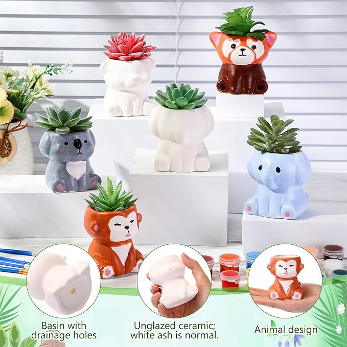Leitee 18 Pcs Paint Your Own Ceramic Pot Bulk Fall Succulent Pots Ready to Paint Small Pot Mini Succulent Planters Pottery Painting for Spring Valentine Easter Craft(Cute Animals)