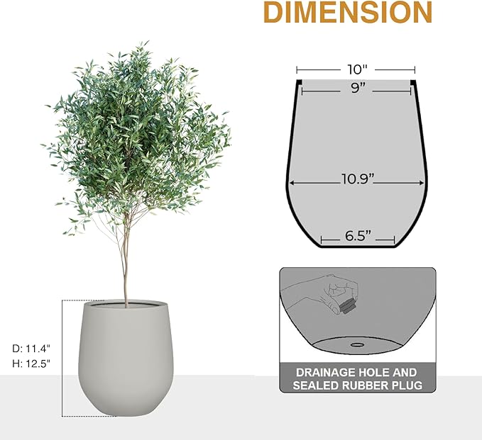 KUTE NEST 12.5" H x 11.4" D Corso Fiberstone Round Tapered Planter with Drainage Hole, Smooth Finishes, Weather Resistant, Included 2 Extra Coco Mats (Light French Gray, 9" Pot Opening)