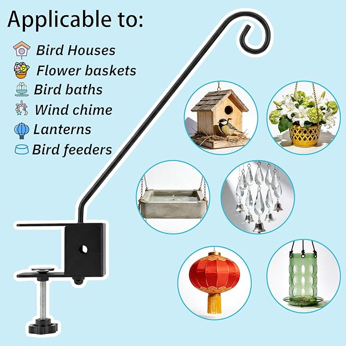 XINWXSS Deck Hook Rail Set of 2, 17 Inch Heavy Duty Deck Hook, 360 Degree Swivel Plant Hanger, Solid Metal Deck Hangers for Hanging Bird Feeders, Wind Chimes, Lanterns and Flower Pots, Black