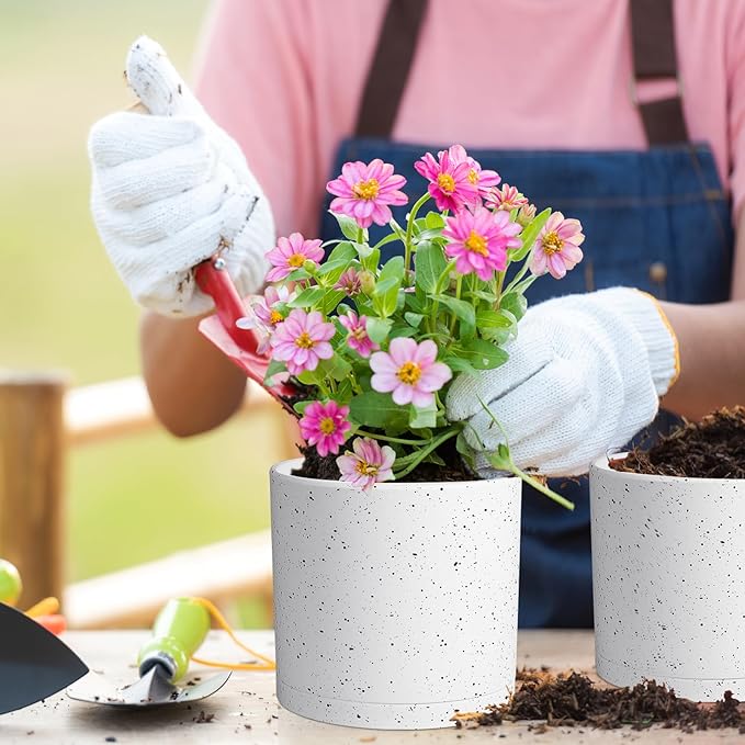 Meowell 8/7/6 inch Flower Pots, 3 Set Cylindrical Plant Pots for Outdoor Indoor Plants, Decorative Plastic Planters with Drainage Holes and Saucers for Garden House Plants, White with Black Speckles