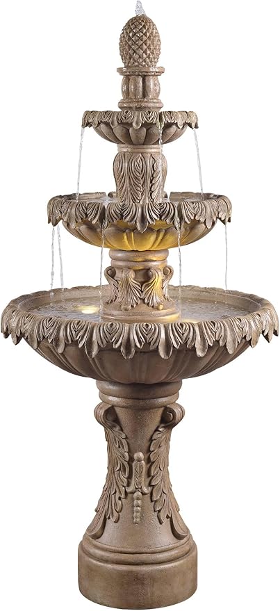 Ibiza 62" High Large Italian Outdoor Decor Sand Stone Floor Fountain with Light LED Waterfall 3-Tier Standing Basin Water Feature for Outside Garden Patio Yard Backyard Porch - John Timberland