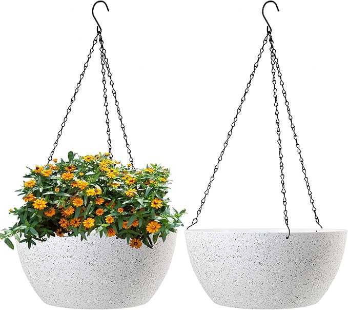 WSMKSZ 13 inch Large Hanging Planters Plant Pots for Outdoor Indoor Plants with Drainage Holes and Chain, 2 Pack Round Hanging Flower Pots for Garden Home Porch Decor, Speckled White