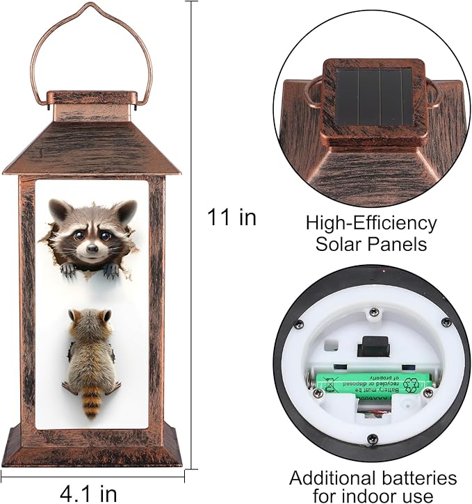 Pawatee Solar Hanging Lanterns, Bronze, Raccoon Style, 3 LED, Waterproof, Ideal for Garden, Patio, Lawn, and Porch