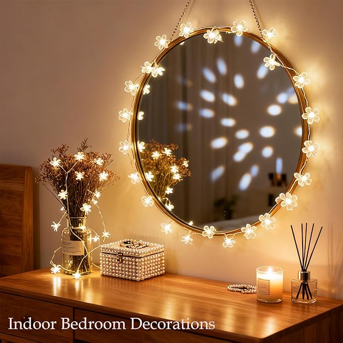 Indoor Decorative Flower String Lights , 33ft 100 LED Plug in Fairy Cherry Blossom Floral Lamp for Bedroom Window Wall Ceiling Tree Hanging, Christmas Thansgiving Easter Decorations (Warm White)