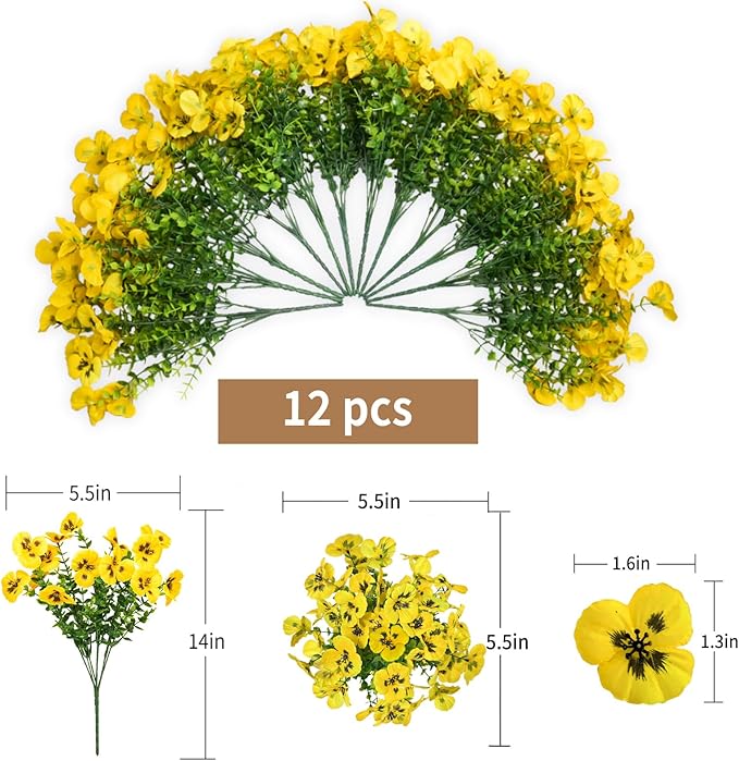 SupBri 12 Bundles Artificial Flowers for Outdoor, UV Resistant Fake Pansy Flowers, Silk Faux Fowers for Outdoor Planters Home Garden Office Patio Front (12,Yellow)