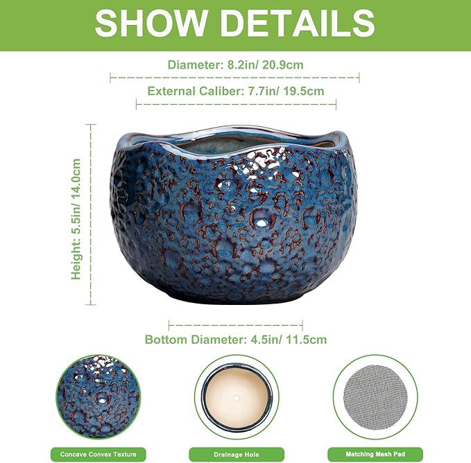 Thirtypot 8 Inch Plant Pot - Ceramic Planter for Indoor Outdoor Plants, Round Unique Plant Pots with Drainage Hole, Modern Decorative Flower Pots, Home Decor, Gifts for Plants Lovers, Retro Blue